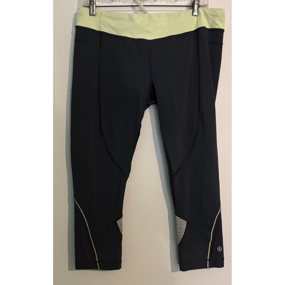 lululemon Womens Run Inspire Crop Gray Lime Green Striped Capri Sz 12 Legging